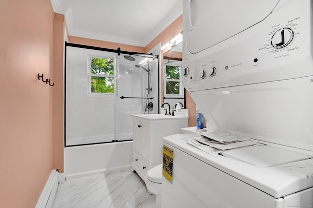 71 Mountain Laurel Dr Unit 71, Wethersfield, CT 06109 - laundry room featuring estacked washer and dryer, light marble finish floors, baseboards, crown molding, and a baseboard heating unit