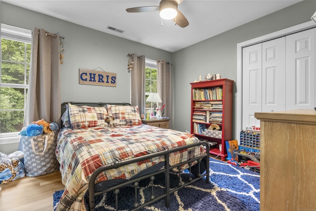 12 Colonial Heights Rd, East Haven, CT 06473 - bedroom featuring multiple windows, wood finished floors, a closet, and a ceiling fan
