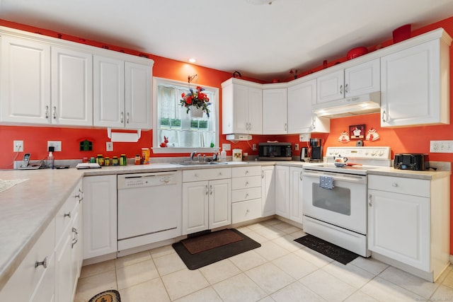 63 Old Cider Mill Rd, Southington, CT 06489 - kitchen with white appliances, under cabinet range hood, white cabinets, recessed lighting, and light countertops