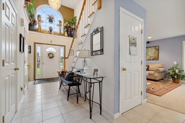 63 Old Cider Mill Rd, Southington, CT 06489 - entrance foyer featuring light tile patterned floors, stairs, baseboards, recessed lighting, and a towering ceiling