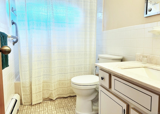 100 Arcadia Ave, Stratford, CT 06614 - full bath with a baseboard heating unit, tile walls, vanity, toilet, and shower / tub combo