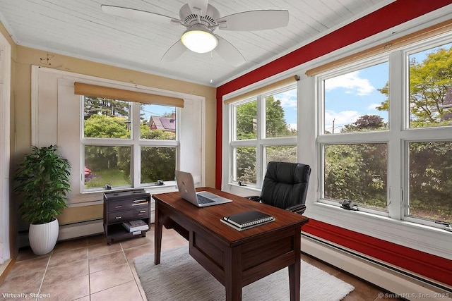 33 Bellevue Pl, Middletown, CT 06457 - office with a baseboard heating unit, a ceiling fan, and light tile patterned floors