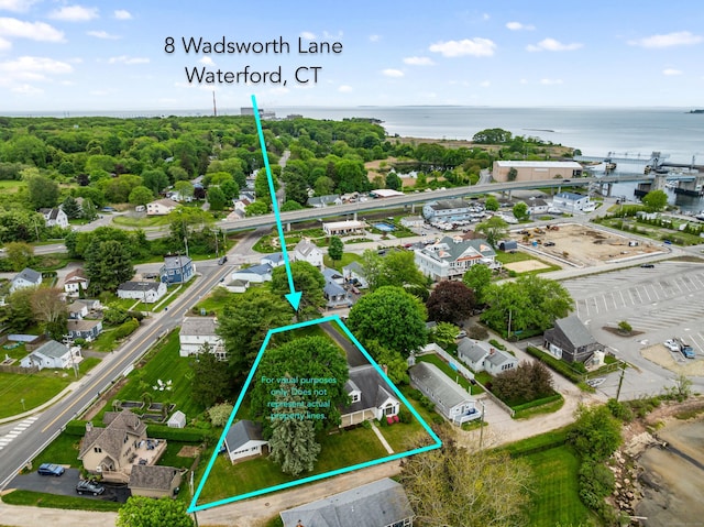 8 Wadsworth Ln, Waterford, CT 06385 - aerial view of property's location with a nearby body of water and property parcel outlined