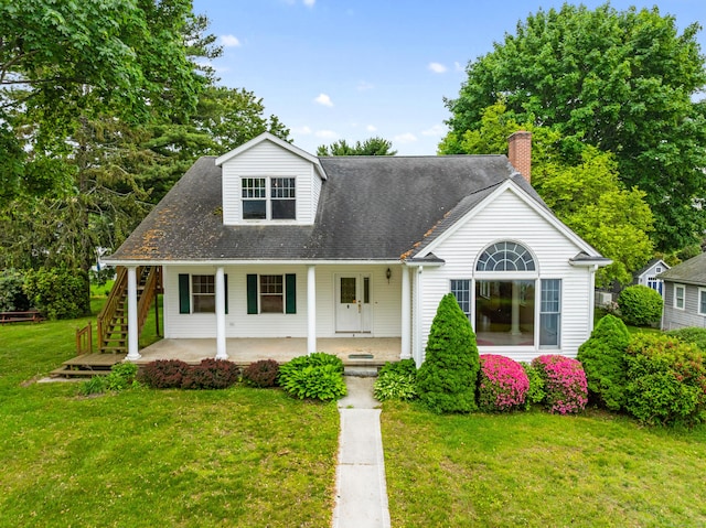 8 Wadsworth Ln, Waterford, CT 06385 - cape cod home featuring a front lawn, covered porch, a chimney, stairway, and roof with shingles