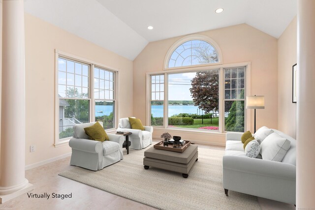 8 Wadsworth Ln, Waterford, CT 06385 - living area featuring lofted ceiling, a water view, decorative columns, recessed lighting, and baseboards