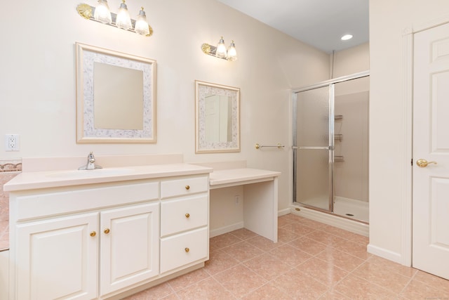 8 Wadsworth Ln, Waterford, CT 06385 - bathroom with a stall shower, vanity, tile patterned floors, recessed lighting, and baseboards