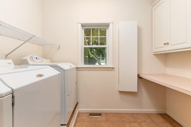 8 Wadsworth Ln, Waterford, CT 06385 - laundry area featuring cabinet space, washing machine and clothes dryer, baseboards, an office area, and light tile patterned floors