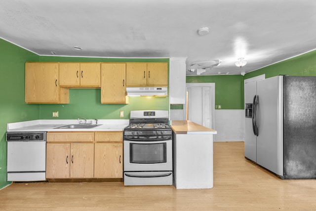 19 Elm St, Ansonia, CT 06401 - kitchen featuring stainless steel appliances, under cabinet range hood, light brown cabinets, and light wood-style flooring