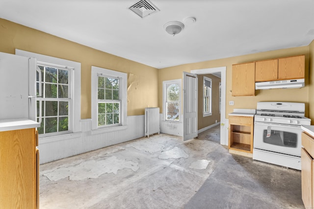 19 Elm St, Ansonia, CT 06401 - kitchen with white gas stove, under cabinet range hood, radiator heating unit, light countertops, and light brown cabinets