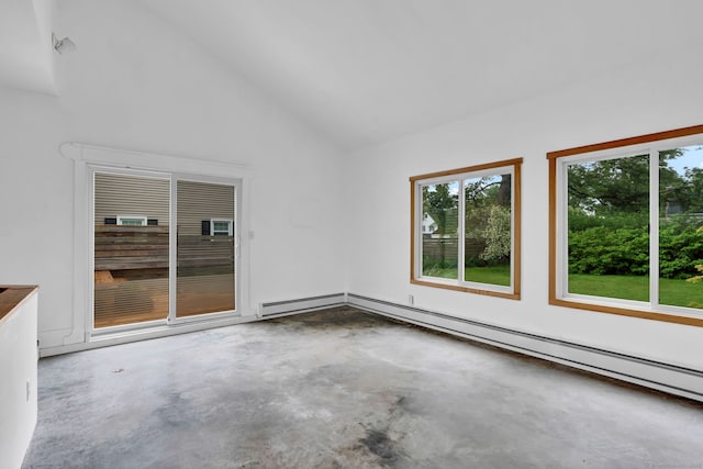 1815 Asylum Ave, West Hartford, CT 06117 - unfurnished room with unfinished concrete flooring, healthy amount of natural light, vaulted ceiling, and a baseboard heating unit