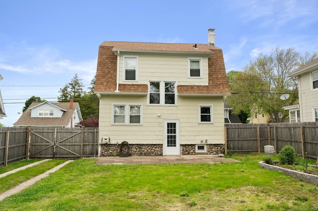 58 Gorton St, New London, CT 06320 - rear view of property with a shingled roof, a chimney, a patio area, and a gate