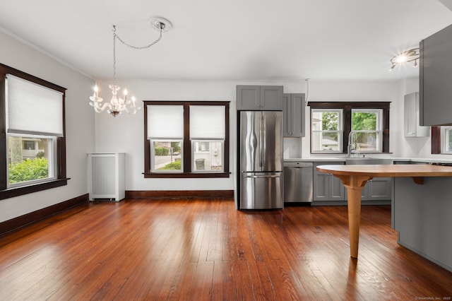 58 Gorton St, New London, CT 06320 - kitchen with stainless steel appliances, gray cabinetry, wood counters, and dark wood finished floors