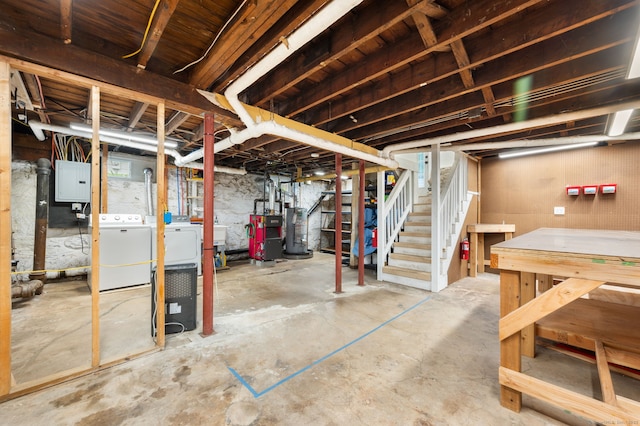 58 Gorton St, New London, CT 06320 - unfinished basement featuring water heater, washing machine and clothes dryer, stairs, electric panel, and a sink
