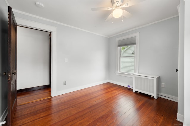 58 Gorton St, New London, CT 06320 - spare room with radiator, hardwood / wood-style floors, baseboards, ornamental molding, and ceiling fan