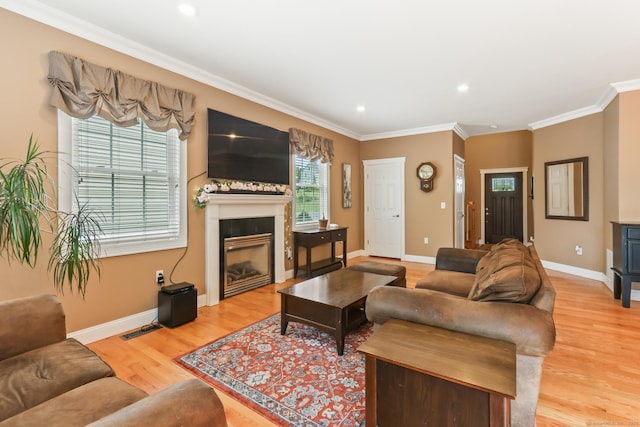 74 Avery Ave, Meriden, CT 06450 - living room with healthy amount of natural light, light wood-style floors, a glass covered fireplace, crown molding, and baseboards