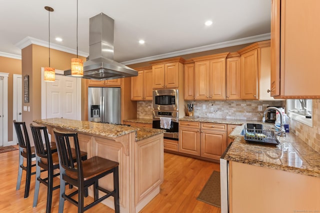 74 Avery Ave, Meriden, CT 06450 - kitchen featuring appliances with stainless steel finishes, island range hood, a sink, crown molding, and decorative backsplash