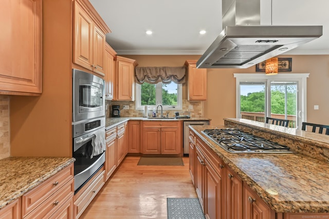 74 Avery Ave, Meriden, CT 06450 - kitchen featuring stainless steel appliances, island exhaust hood, crown molding, a sink, and tasteful backsplash