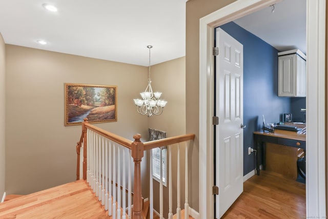 74 Avery Ave, Meriden, CT 06450 - hall with light wood-type flooring, a chandelier, an upstairs landing, baseboards, and recessed lighting