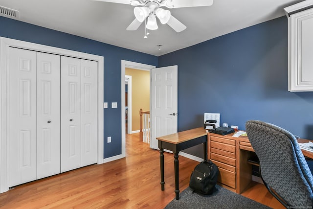74 Avery Ave, Meriden, CT 06450 - home office with a ceiling fan, light wood-style floors, and baseboards