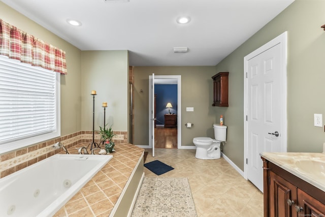 74 Avery Ave, Meriden, CT 06450 - full bathroom featuring a jetted tub, toilet, vanity, tile patterned flooring, and recessed lighting