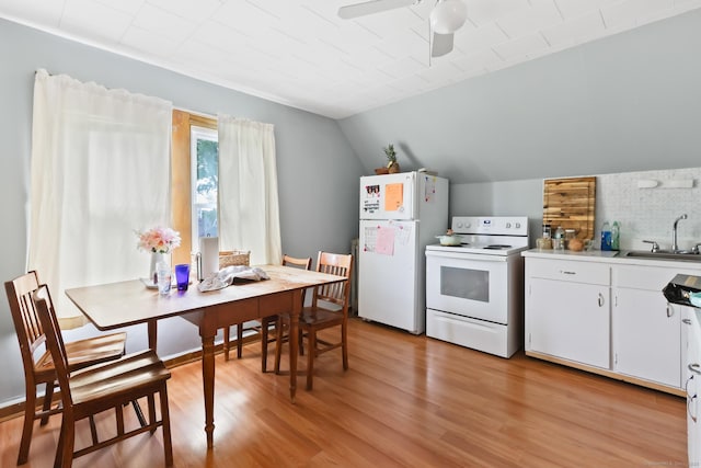 30 Newton St, Hartford, CT 06106 - kitchen with white appliances, a sink, a ceiling fan, light wood-style floors, and light countertops