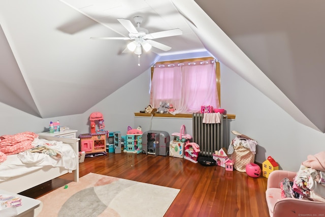 30 Newton St, Hartford, CT 06106 - bedroom with radiator heating unit, lofted ceiling, wood finished floors, and a ceiling fan