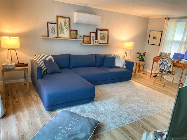 2 Dilliston Rd, Barkhamsted, CT 06063 - living room with an AC wall unit, crown molding, wood finished floors, and baseboards