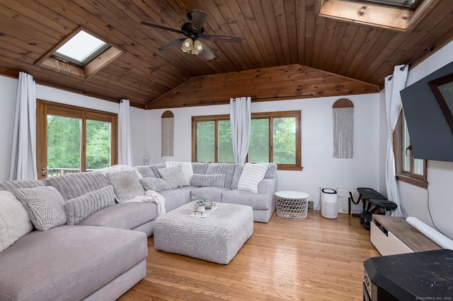 104 E St, Hebron, CT 06248 - living area with lofted ceiling, a skylight, hardwood / wood-style flooring, a ceiling fan, and wood ceiling