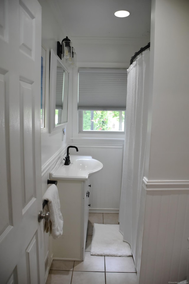 40 Mountainville Rd, Danbury, CT 06810 - full bath with tile patterned flooring, vanity, ornamental molding, a shower with shower curtain, and wainscoting