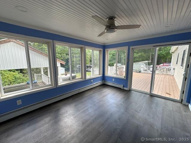 149 Mill Hill Rd, Colchester, CT 06415 - unfurnished sunroom featuring healthy amount of natural light, a ceiling fan, and a baseboard radiator