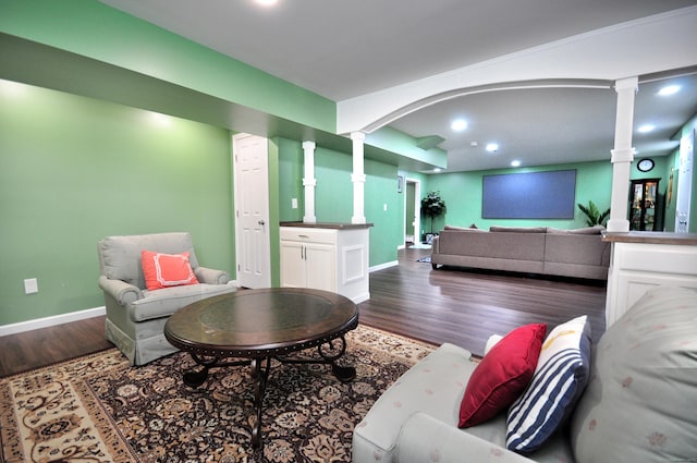49 Shepard Way Unit 49, South Windsor, CT 06074 - living room with decorative columns, dark wood-type flooring, baseboards, and recessed lighting