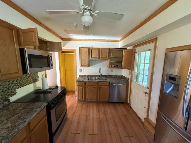 81 Melrose Dr, New Haven, CT 06513 - kitchen featuring appliances with stainless steel finishes, a sink, open shelves, light wood finished floors, and a ceiling fan