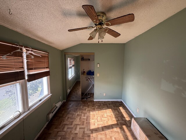 81 Melrose Dr, New Haven, CT 06513 - unfurnished room with a textured ceiling, lofted ceiling, baseboard heating, ceiling fan, and baseboards