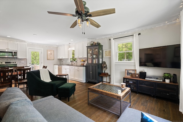 72 Twin Brook Ter, Monroe, CT 06468 - living room featuring healthy amount of natural light, a ceiling fan, dark wood-style flooring, crown molding, and recessed lighting