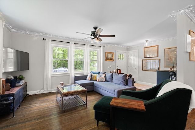 72 Twin Brook Ter, Monroe, CT 06468 - living area featuring healthy amount of natural light, hardwood / wood-style flooring, a ceiling fan, baseboards, and ornamental molding