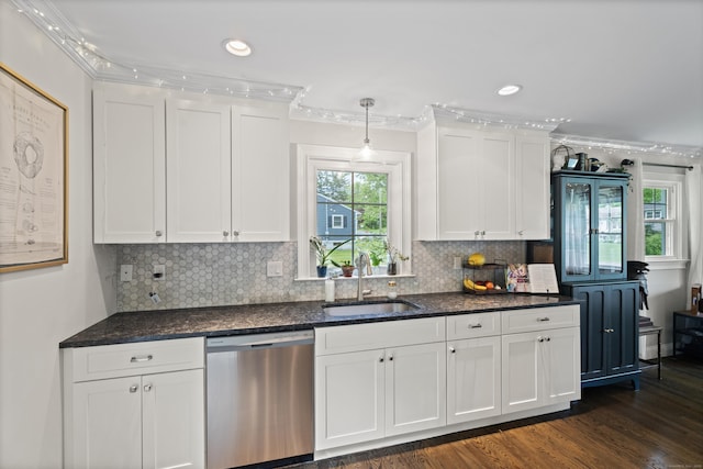 72 Twin Brook Ter, Monroe, CT 06468 - kitchen featuring dishwasher, a sink, white cabinets, dark stone countertops, and decorative backsplash