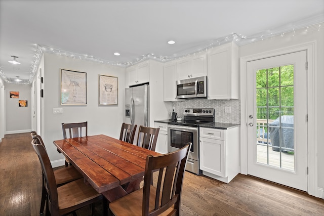 72 Twin Brook Ter, Monroe, CT 06468 - dining room with ornamental molding, dark wood-type flooring, recessed lighting, and baseboards
