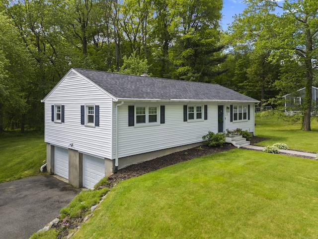 72 Twin Brook Ter, Monroe, CT 06468 - ranch-style house with driveway, a shingled roof, a front lawn, and an attached garage