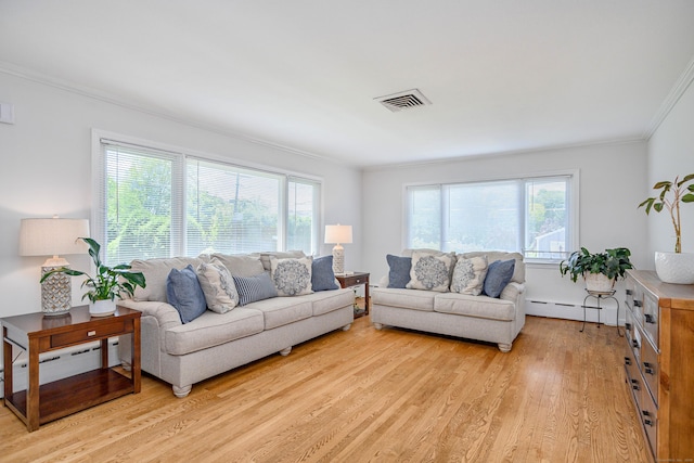 28 Sherry Ln, Danbury, CT 06811 - living area with crown molding, light wood-style flooring, baseboard heating, and a baseboard radiator