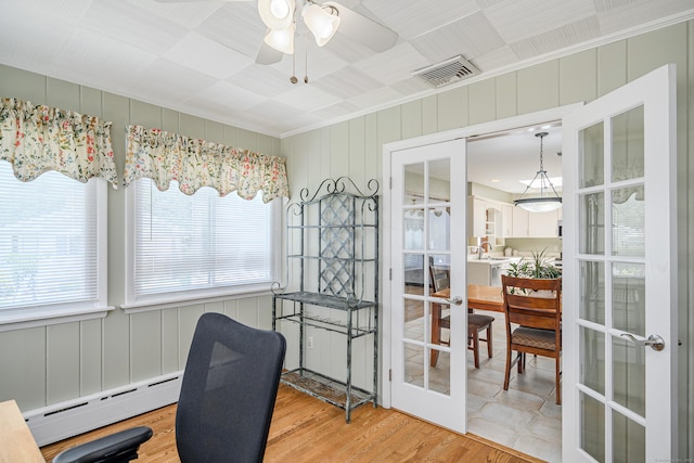 28 Sherry Ln, Danbury, CT 06811 - office featuring a baseboard heating unit, french doors, wood finished floors, ornamental molding, and a ceiling fan