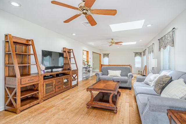 28 Sherry Ln, Danbury, CT 06811 - living room with a skylight, wood finished floors, a ceiling fan, recessed lighting, and baseboards