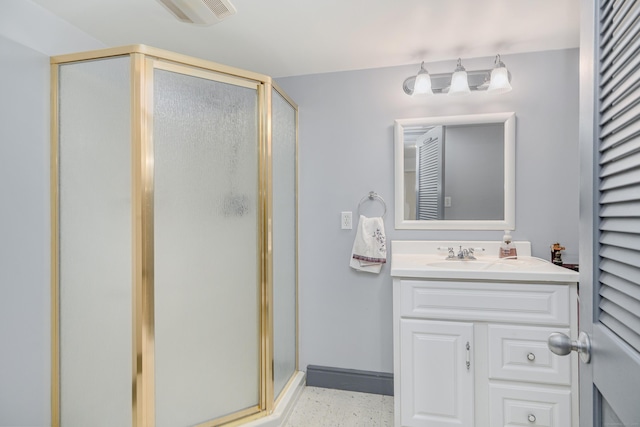 28 Sherry Ln, Danbury, CT 06811 - full bath with a stall shower, vanity, speckled floor, and baseboards
