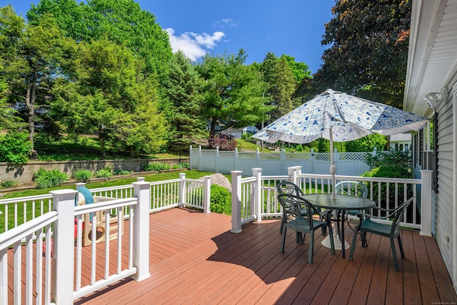 28 Sherry Ln, Danbury, CT 06811 - wooden deck with outdoor dining space and a fenced backyard