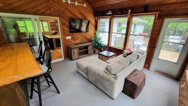 550 W Lake Ave, Guilford, CT 06437 - living room with lofted ceiling, wood walls, and wooden ceiling