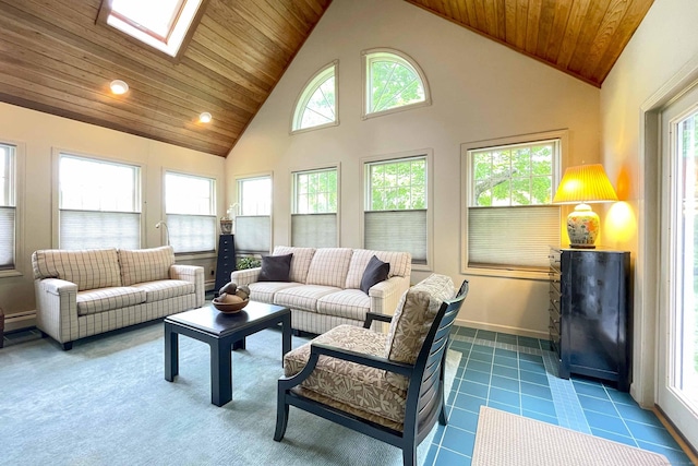 72 Cox Rd, Portland, CT 06480 - living room with a skylight, wooden ceiling, high vaulted ceiling, baseboards, and recessed lighting