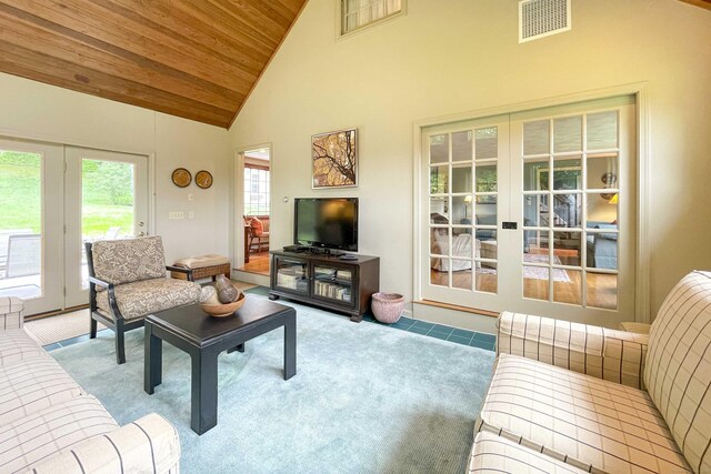 72 Cox Rd, Portland, CT 06480 - carpeted living area with wood ceiling, high vaulted ceiling, and french doors