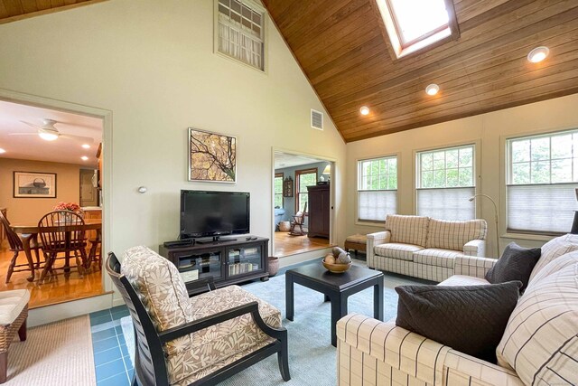 72 Cox Rd, Portland, CT 06480 - living area featuring wood ceiling, high vaulted ceiling, recessed lighting, a ceiling fan, and tile patterned floors