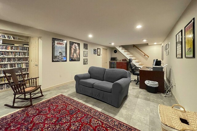 72 Cox Rd, Portland, CT 06480 - living area featuring stairs, recessed lighting, and baseboards