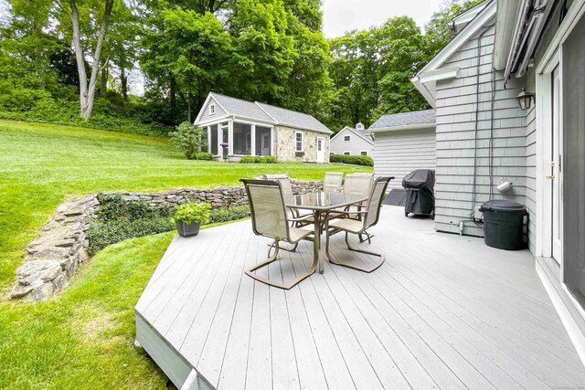 72 Cox Rd, Portland, CT 06480 - wooden deck featuring outdoor dining area, a lawn, an outdoor structure, a grill, and view of scattered trees