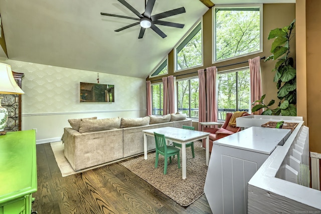 26 Freedman Ln, Monroe, CT 06468 - living room with wallpapered walls, a ceiling fan, dark wood-style flooring, high vaulted ceiling, and baseboards